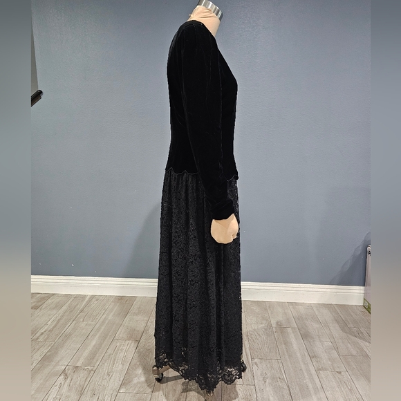 Vintage CHAR Black Silk Blend Velvet Lace Fit Flare Midi Evening Dress Gown 8 - Picture 4 of 10